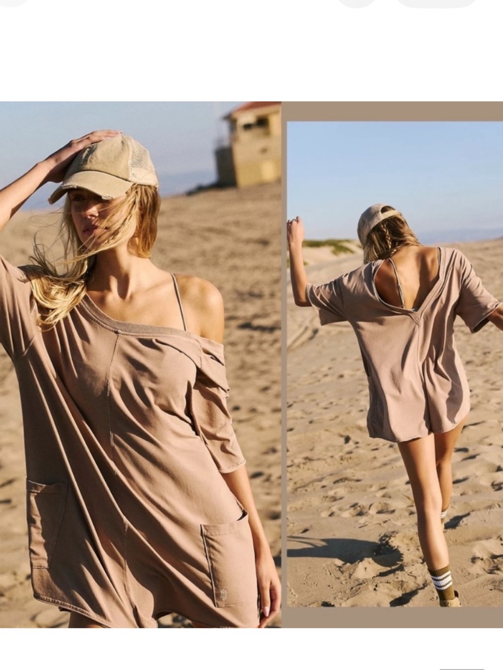 NWT Free People Hot Shot Tee Romper in Mocha Latte Size large beachy